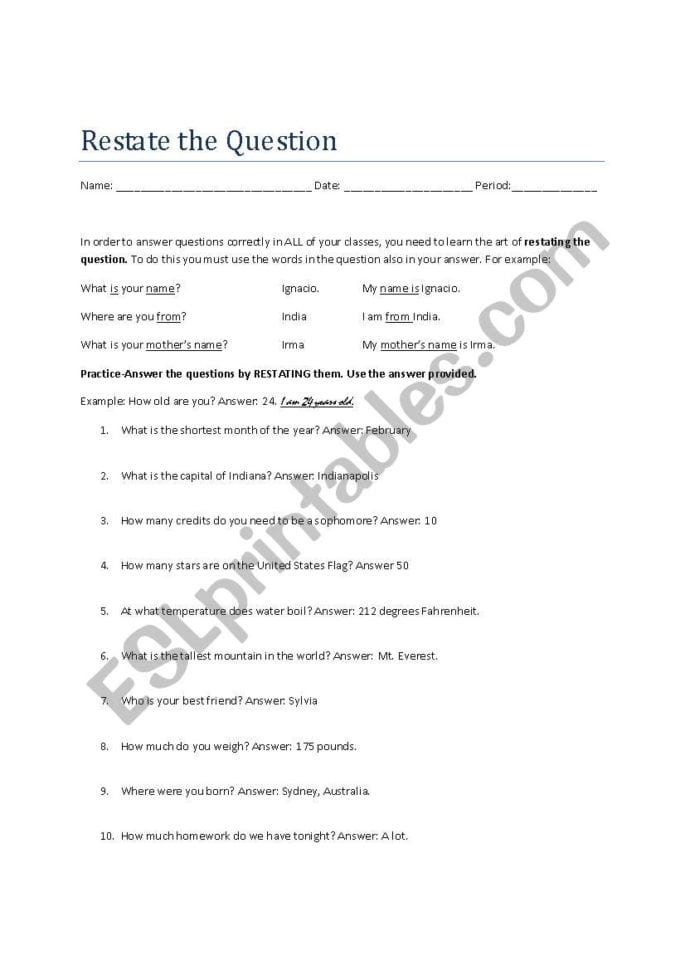 Restate The Question  Esl Worksheetmlbeckha