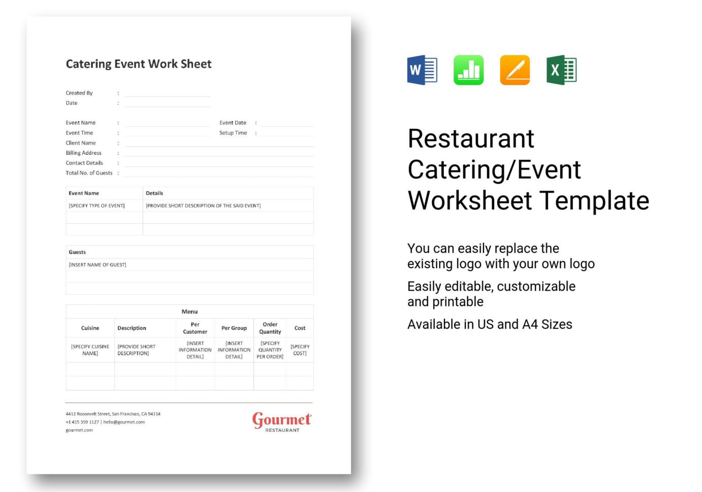 Restaurant Cateringevent Worksheet  In Word Excel