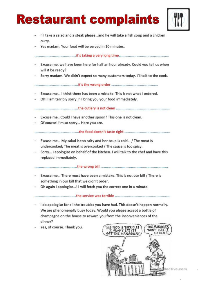 Restaurant Complaints  English Esl Worksheets