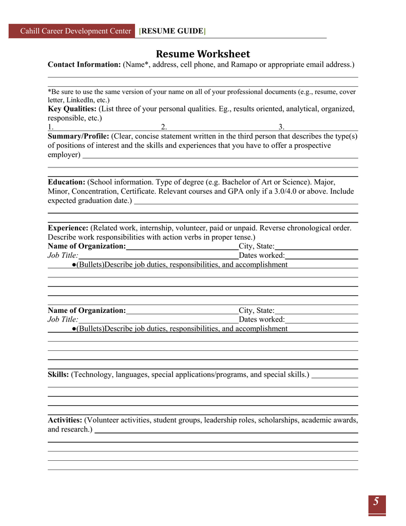Resume Worksheet Cahill Career Development Center