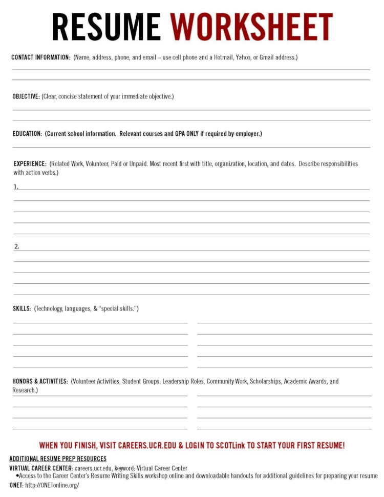 Resume Worksheets  Yyjiazheng – Resume