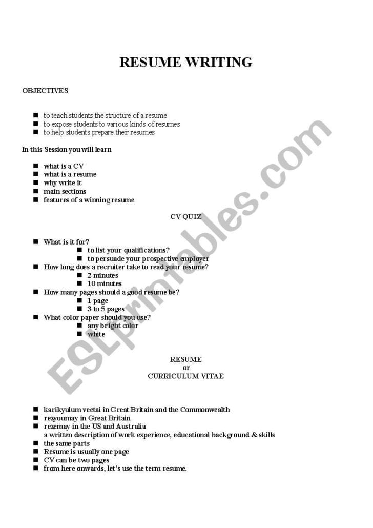 Resume Preparation Worksheet