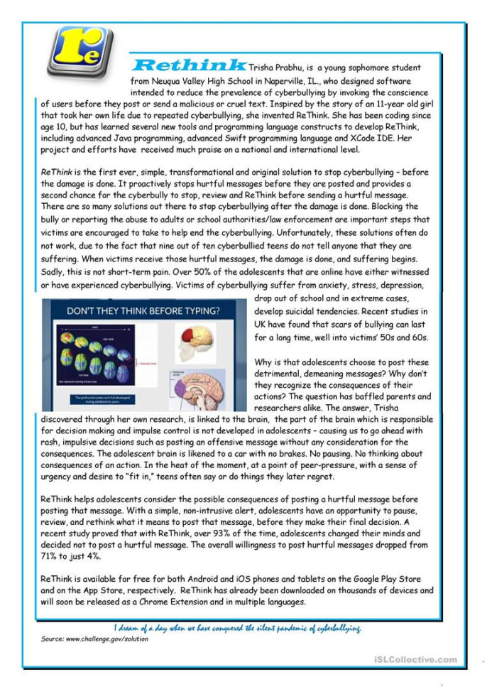 Rethink  Anticyberbullying  English Esl Worksheets