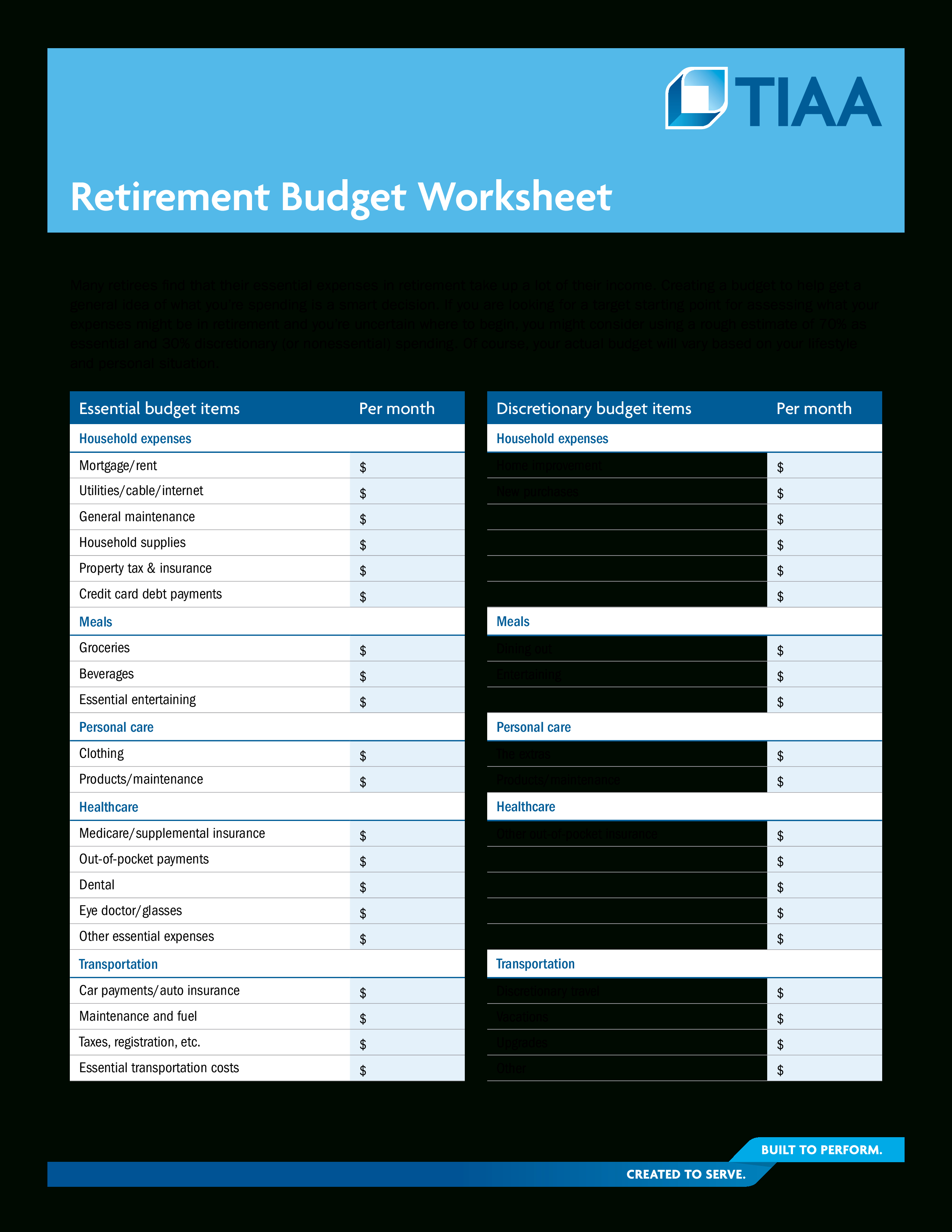 Retirement Budget Worksheet  S At
