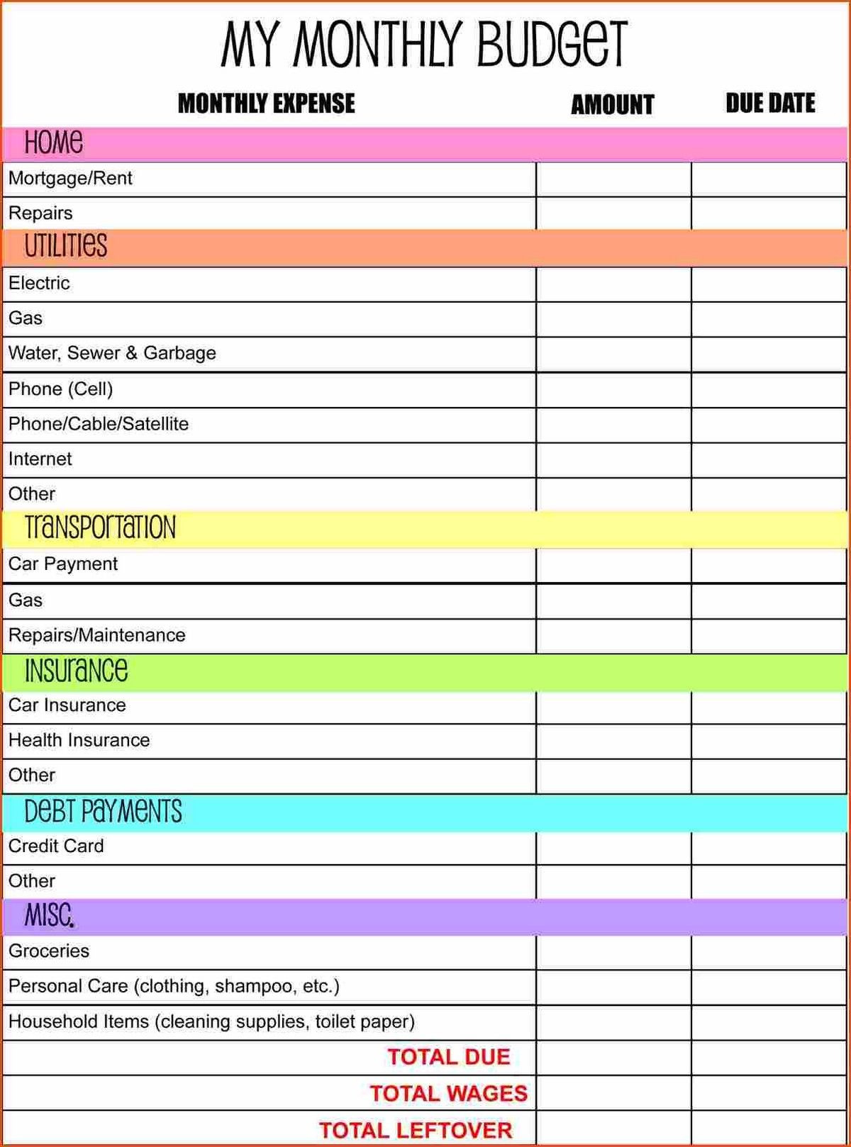 Free Printable Budget Worksheets Excel