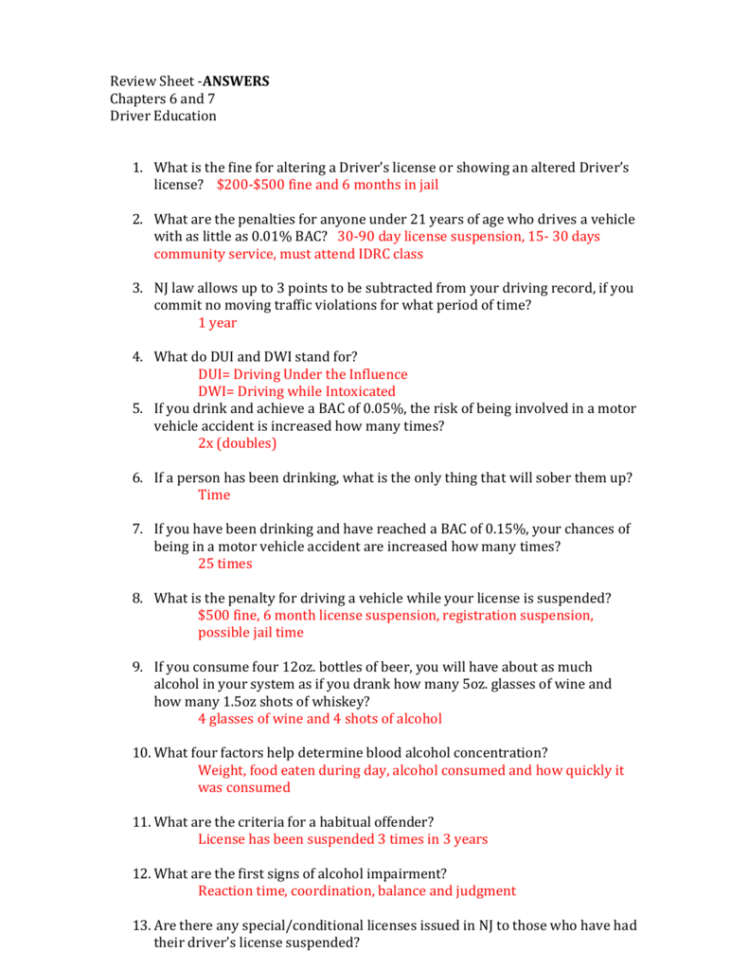 Review Sheet Answers Chapters 6 And 7 Driver Education What