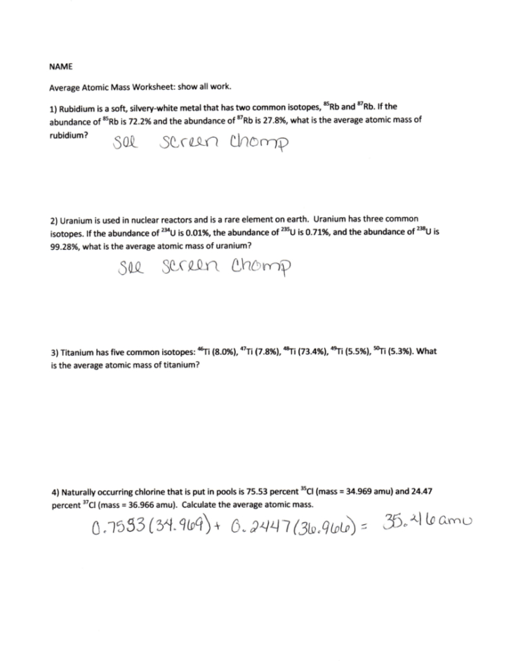 Average Atomic Mass Worksheet