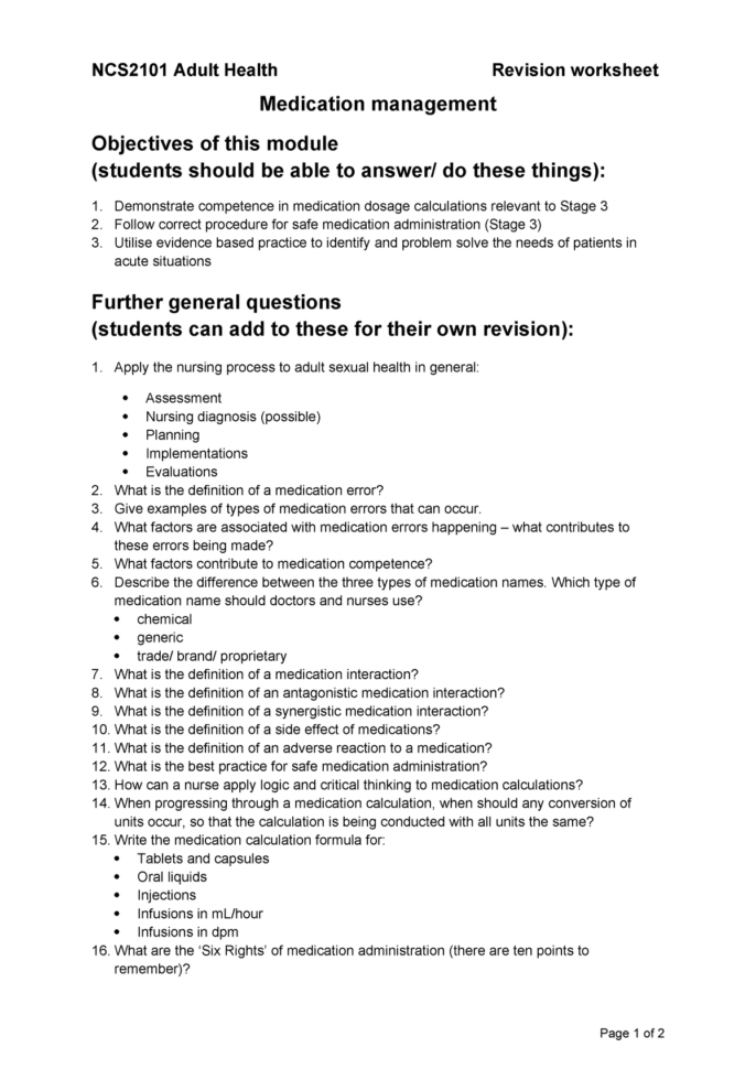 Revision Worksheet  Medication Management  Ncs2101 Adult