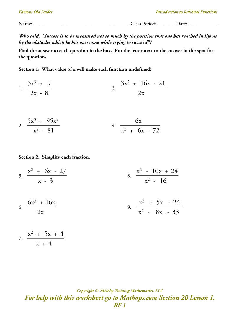  Rational Functions Worksheet Db excel