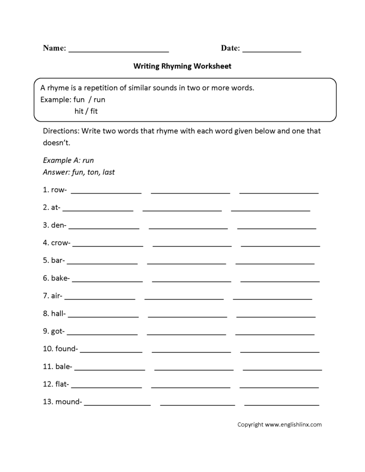 Rhyming Worksheet Year 3