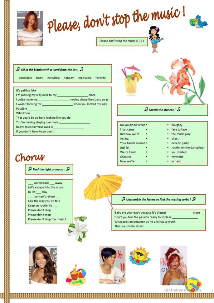 Rihanna  Please Don't Stop The Music  English Esl Worksheets