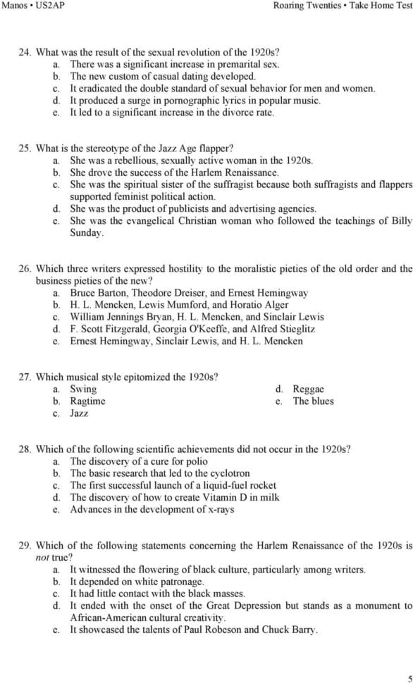 Roaring Twenties Take Home Test  Pdf