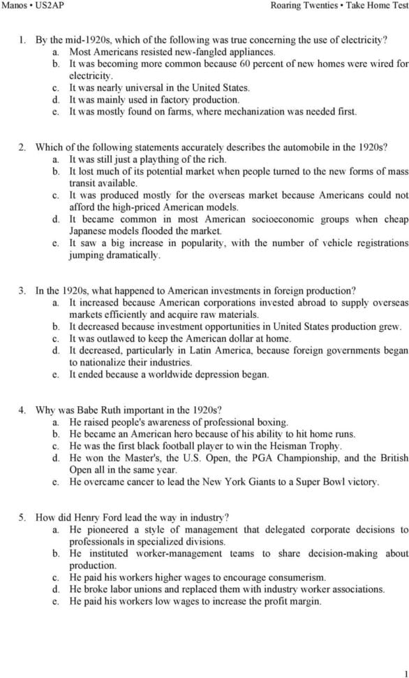 Roaring Twenties Take Home Test  Pdf