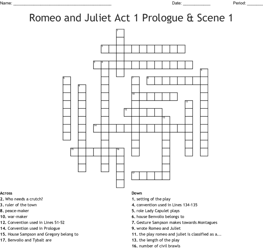 Romeo And Juliet Act 1 Prologue  Scene 1 Crossword  Word