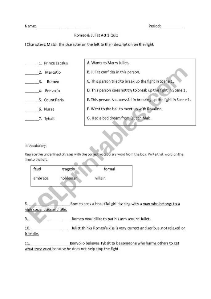 Romeo And Juliet Act 1 Quiz  Esl Worksheetdkushner
