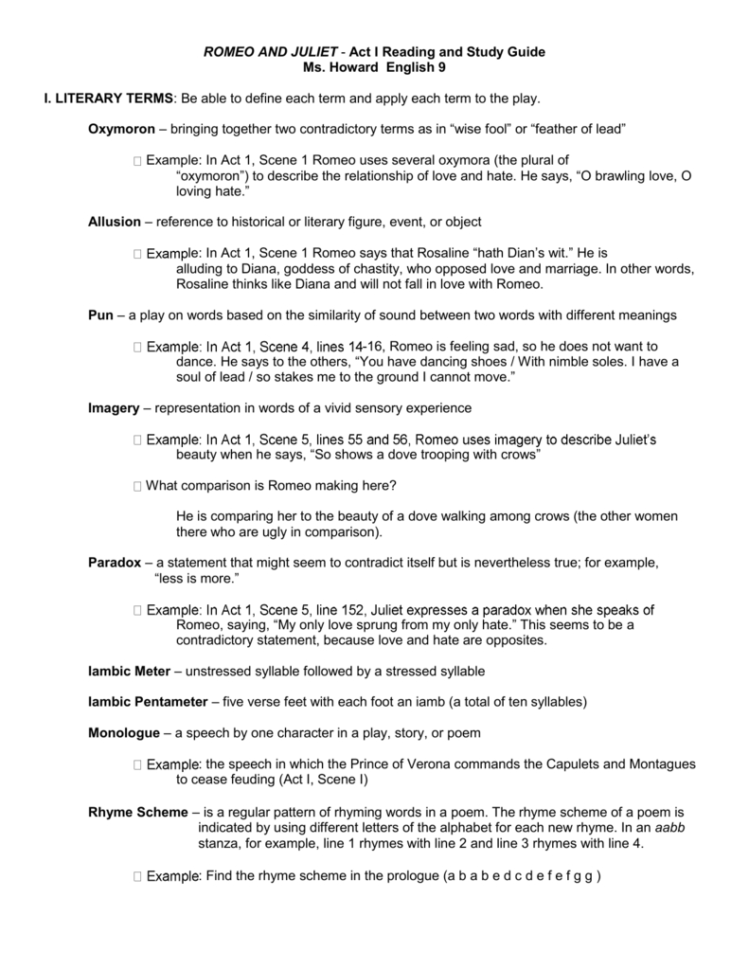 Romeo And Juliet  Act I Reading And Study Guide Ms Hord