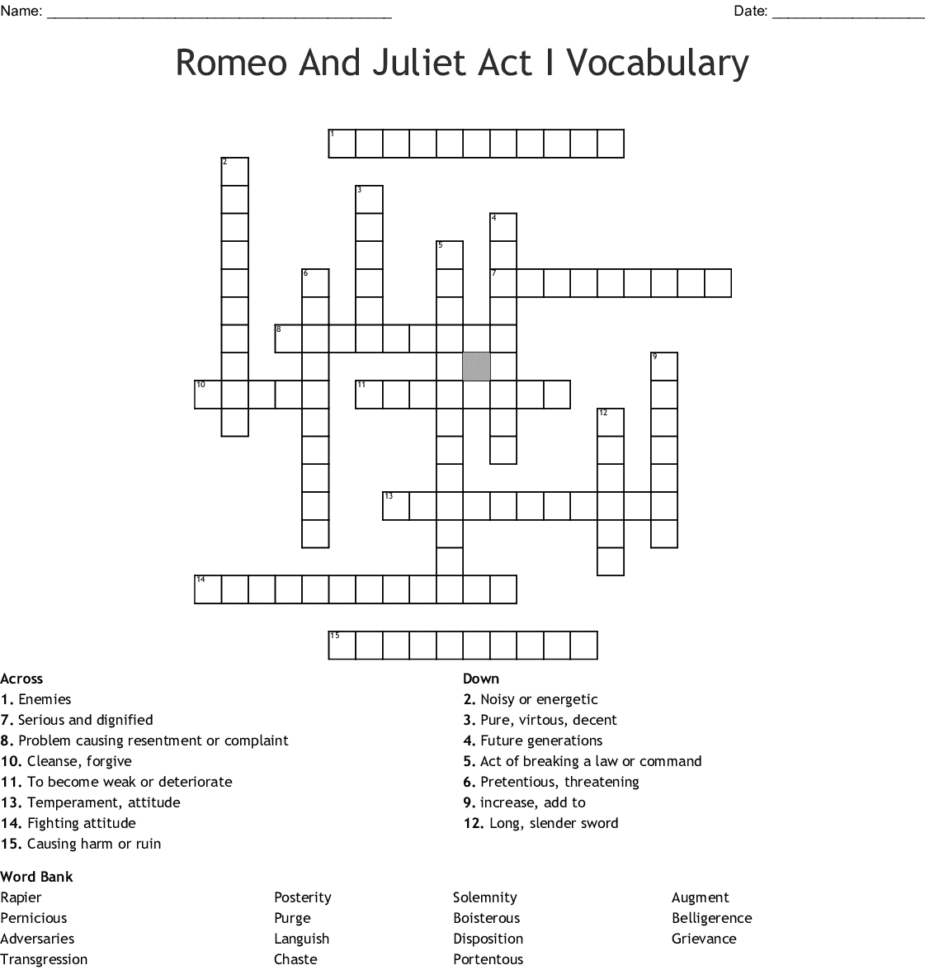 Romeo And Juliet Act I Vocabulary Crossword  Word Romeo And Juliet Act I Vocabulary Crossword  Word