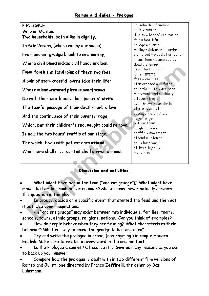 Romeo And Juliet Prologue Worksheet  Esl Worksheet