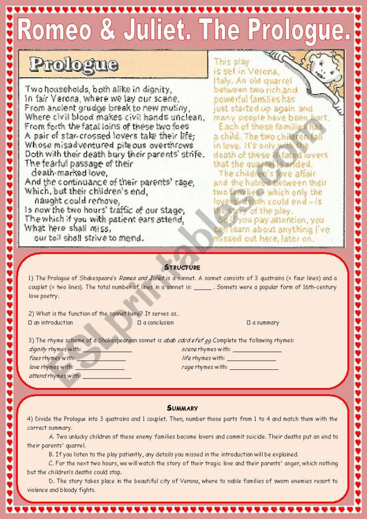Romeo And Juliet The Prologue Worksheet db excel com