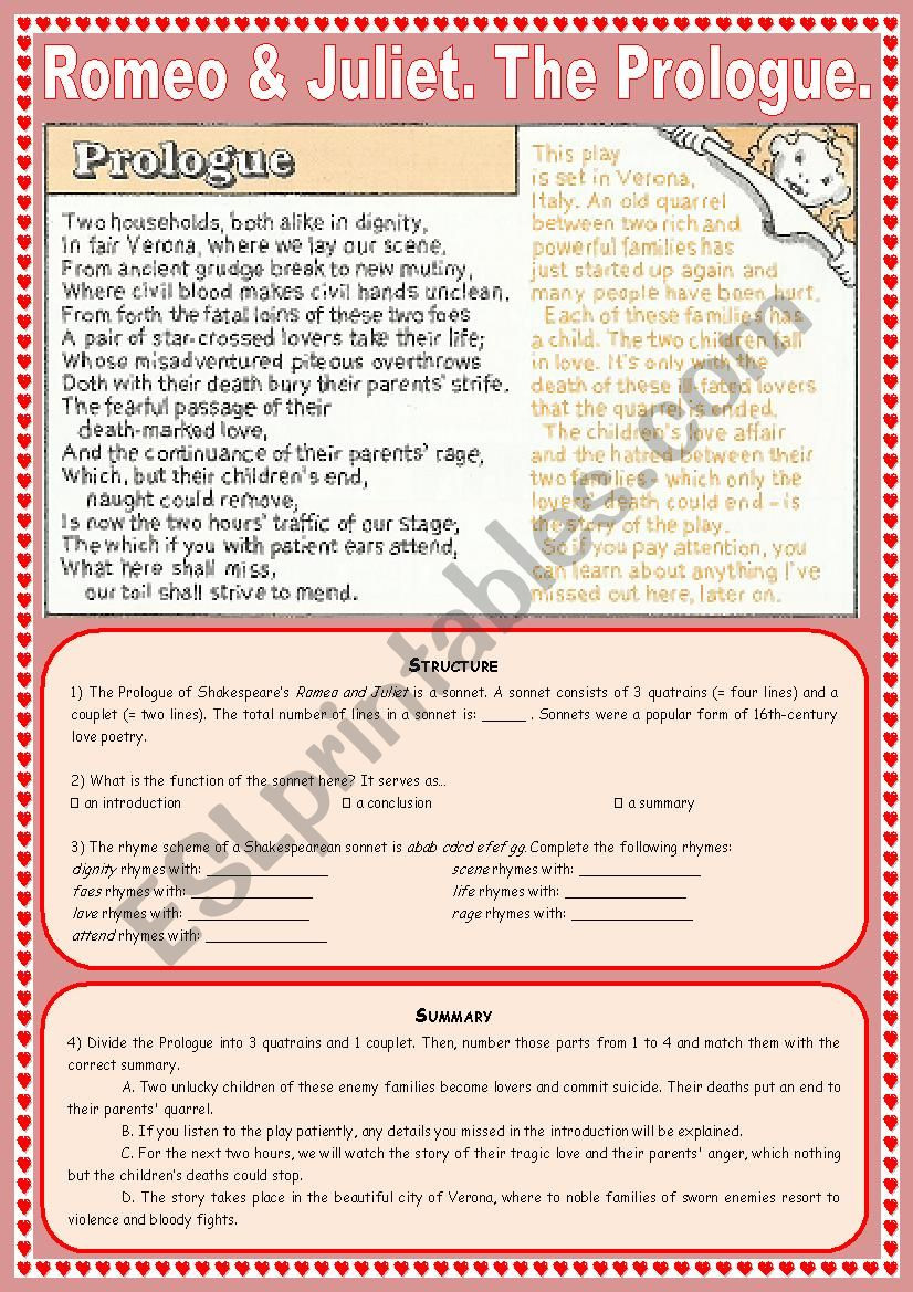Romeo And Juliet The Prologue 2 Pages  Esl Worksheet
