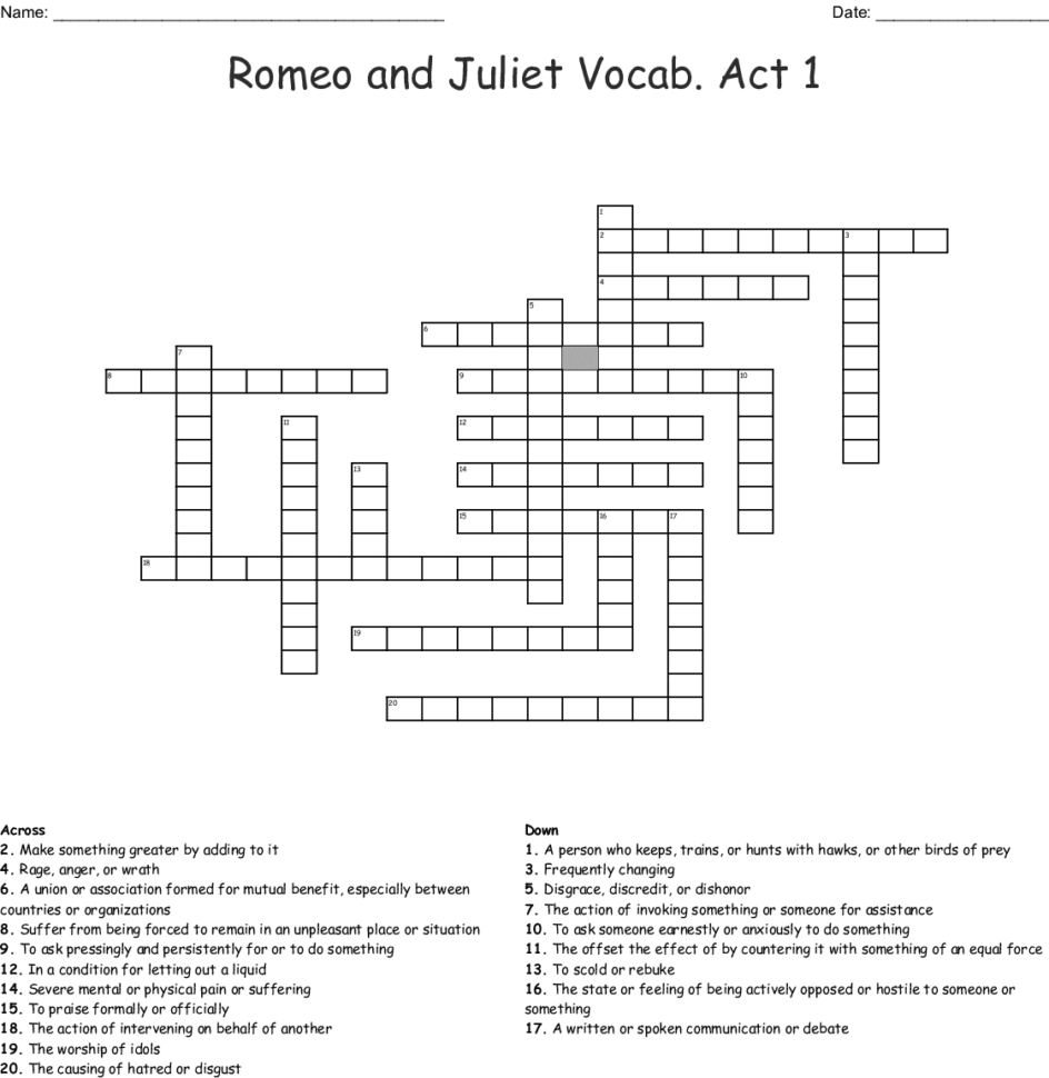 Romeo And Juliet Vocab Act 1 Crossword  Word Romeo And Juliet Vocab Act 1 Crossword  Word