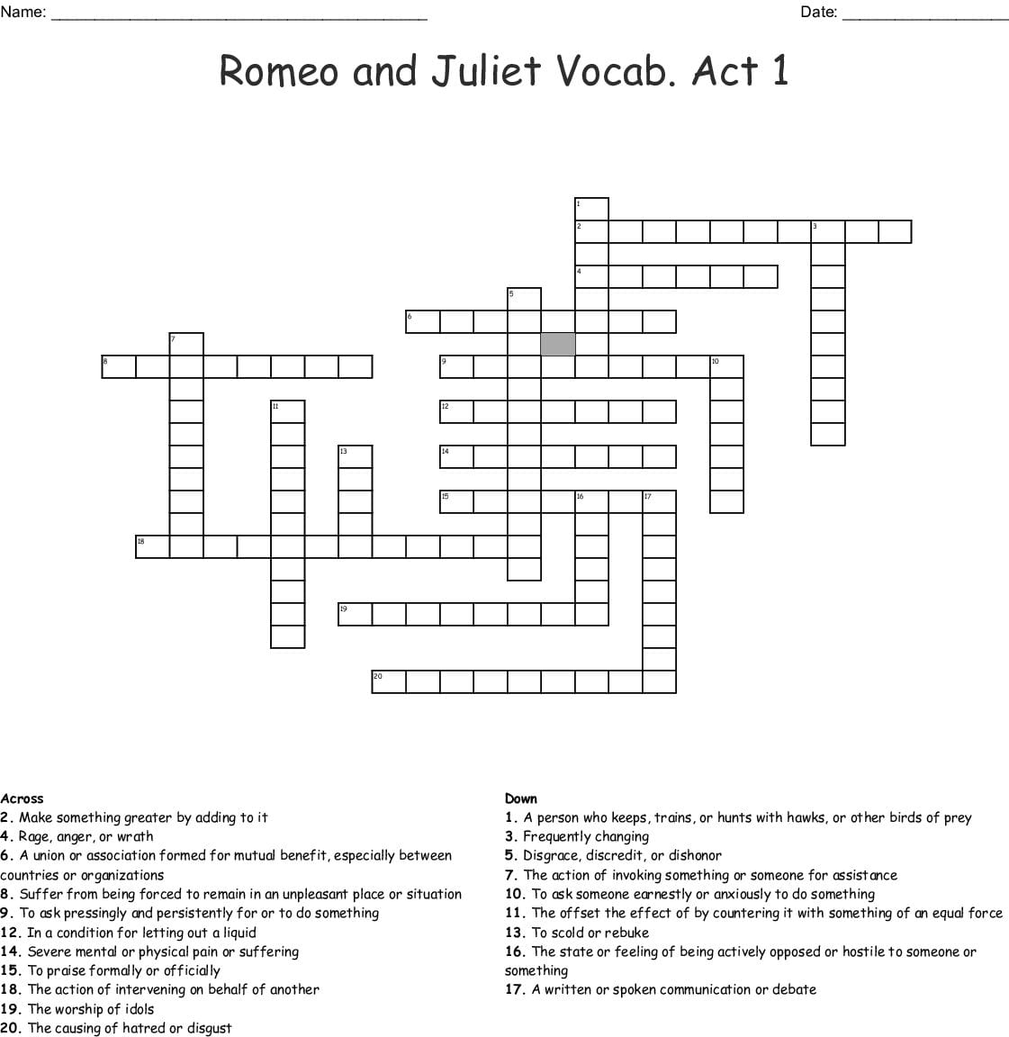Romeo And Juliet Vocab Act 1 Crossword  Word