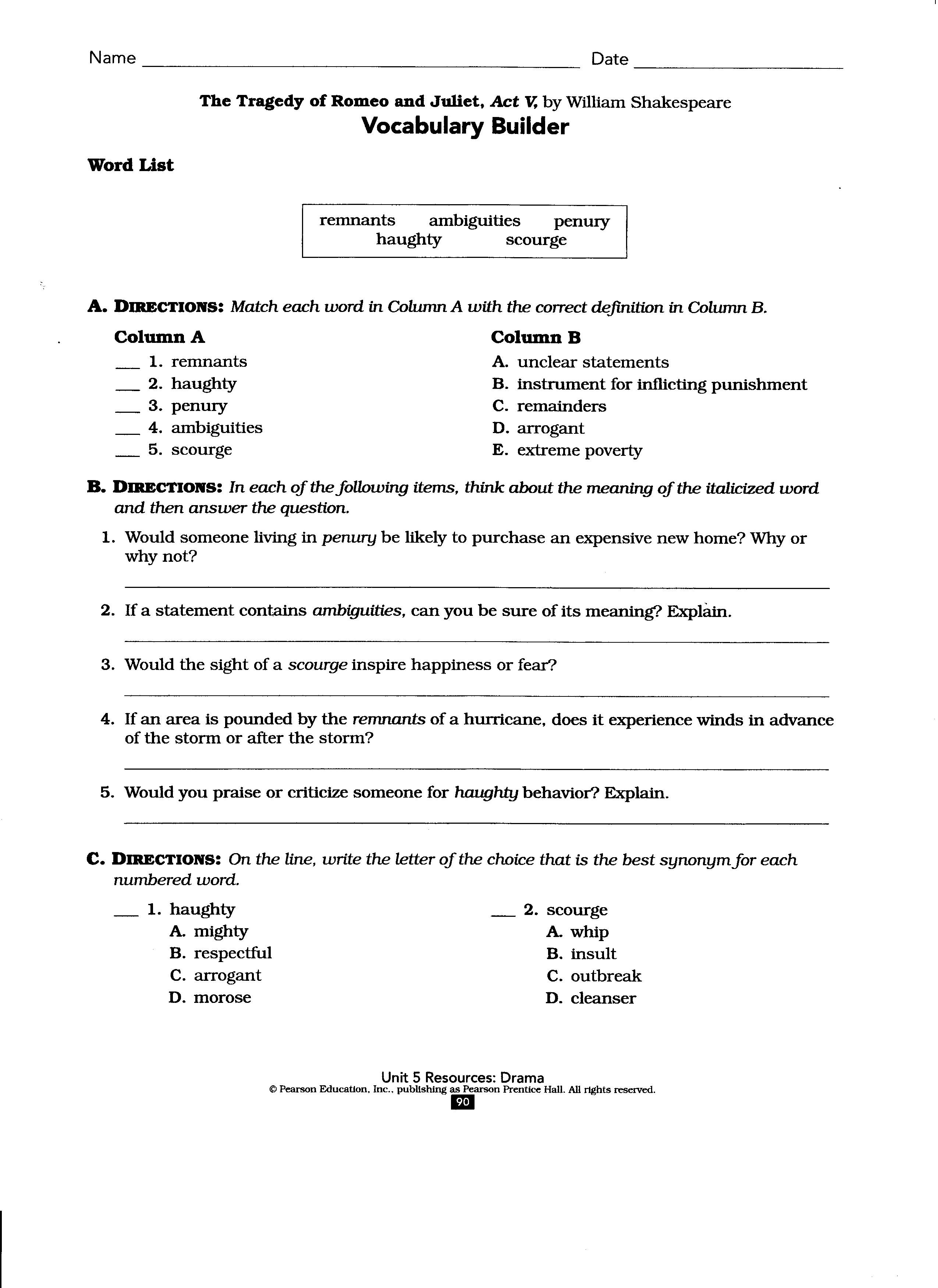Romeo And Juliet Act 2 Worksheet Answers
