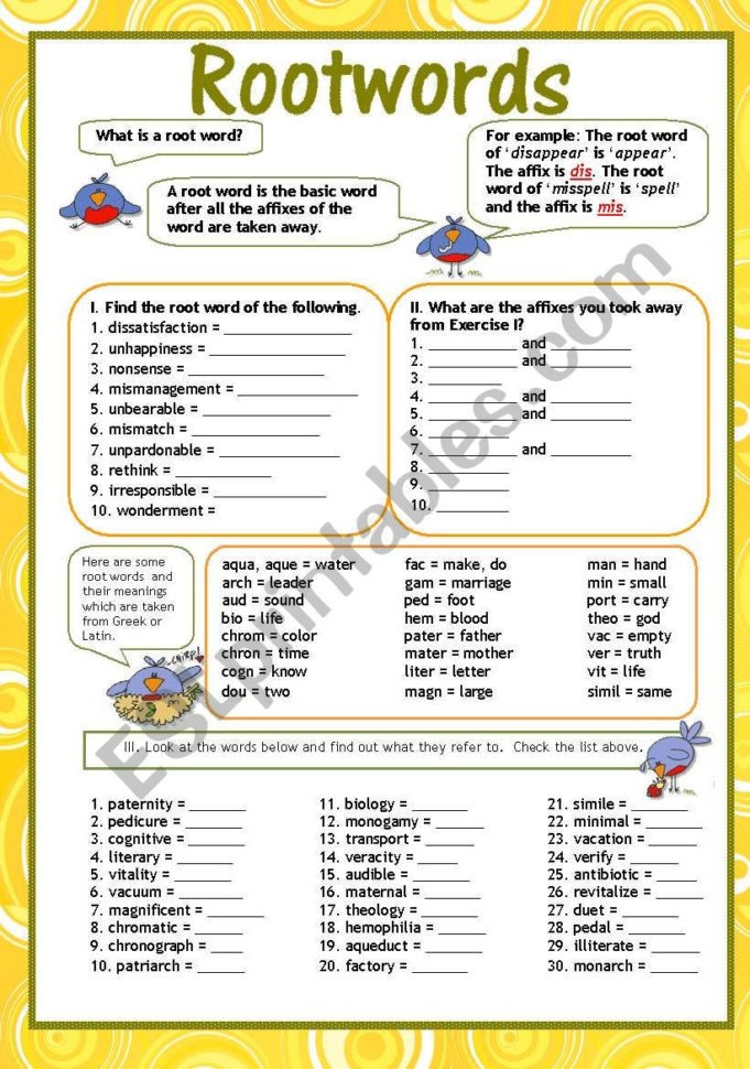Root Words Including Some Latin Root Words  Esl Worksheet