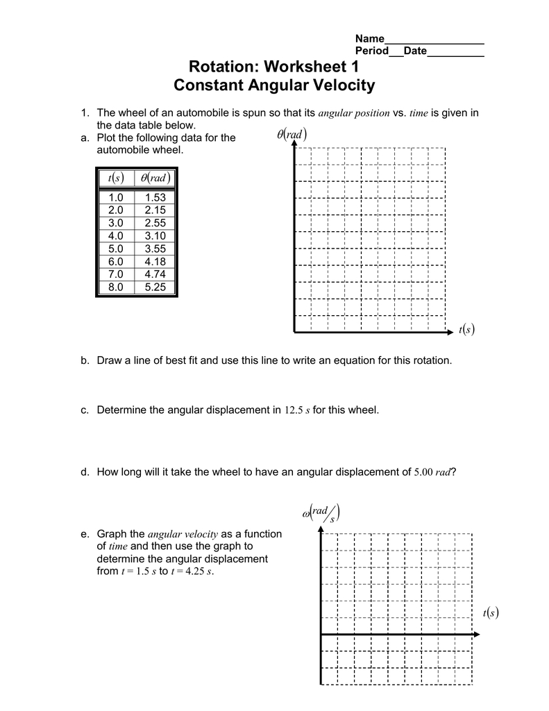 Rotation Worksheet 1 Constant Angular Velocity   