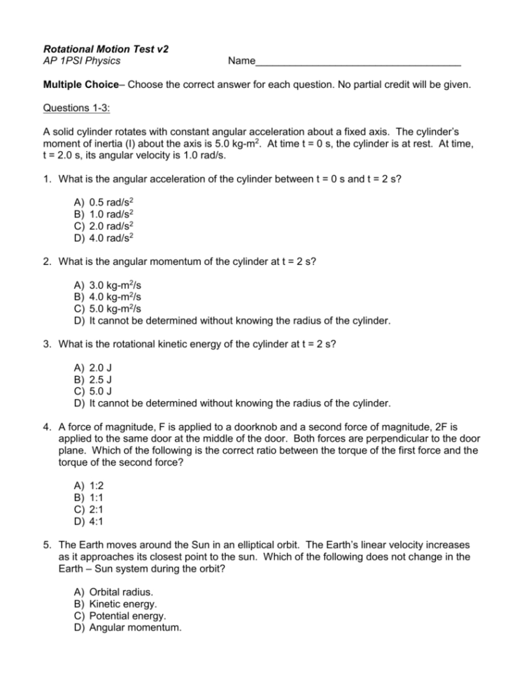 Rotational Motion Practice Test