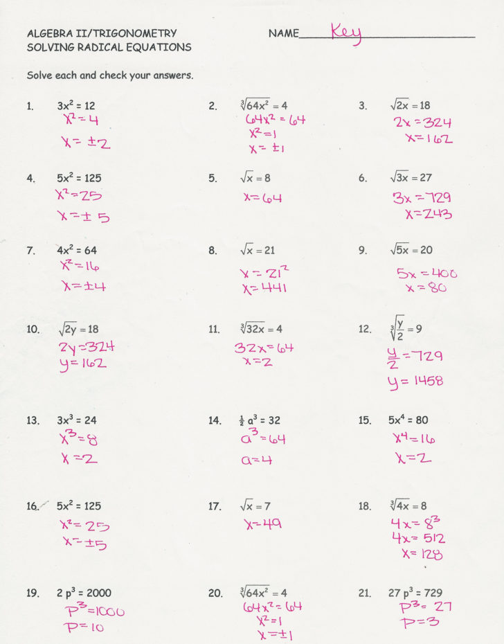 Solving Radical Equations Worksheets With Answers 7007