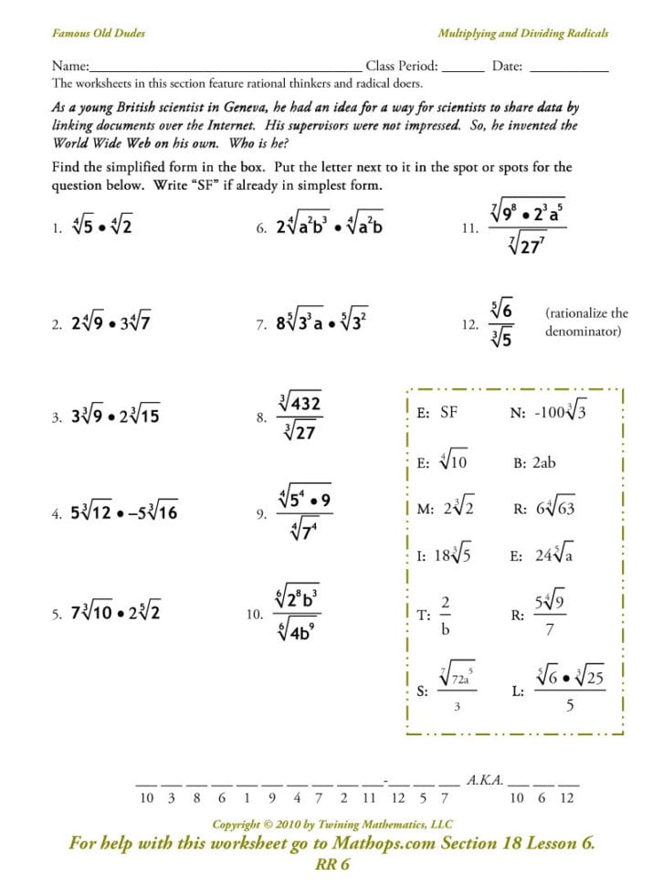 Rr 6 Multiplying And Dividing Radicals  Mathops