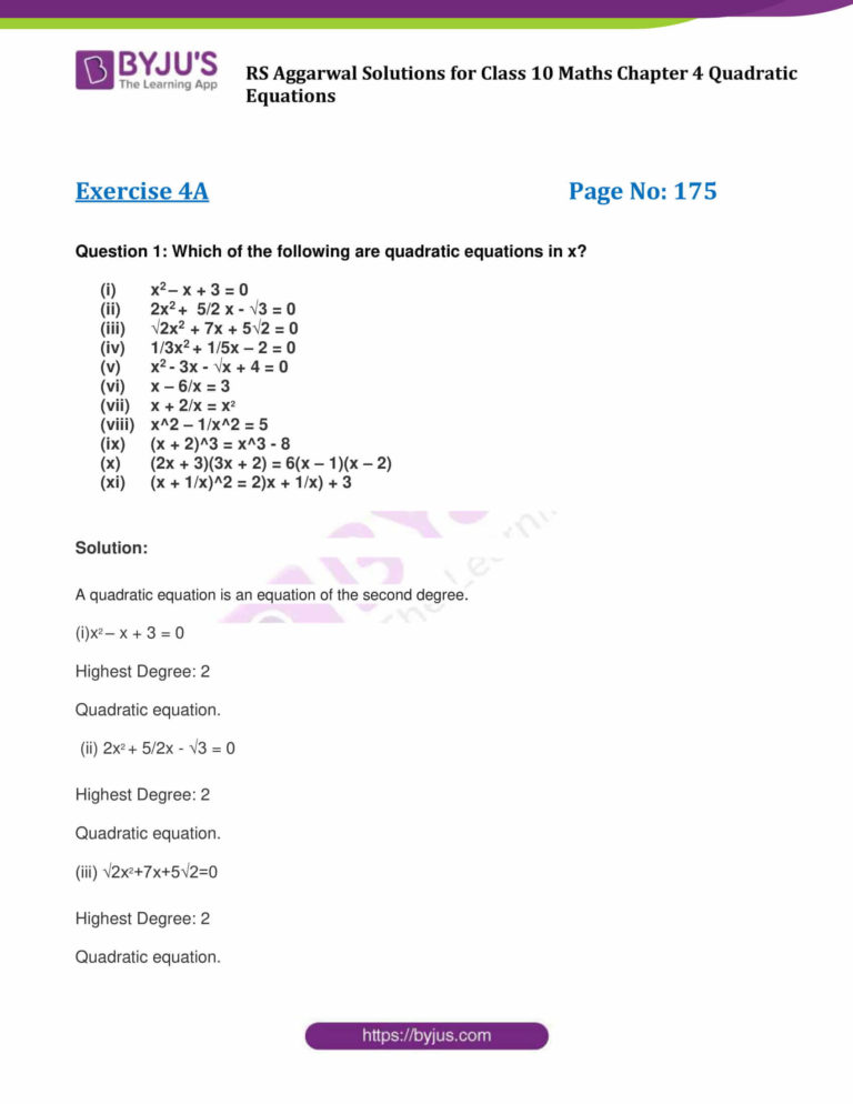 Rs Aggarl Class 10 Chapter 4 Quadratic Equations —