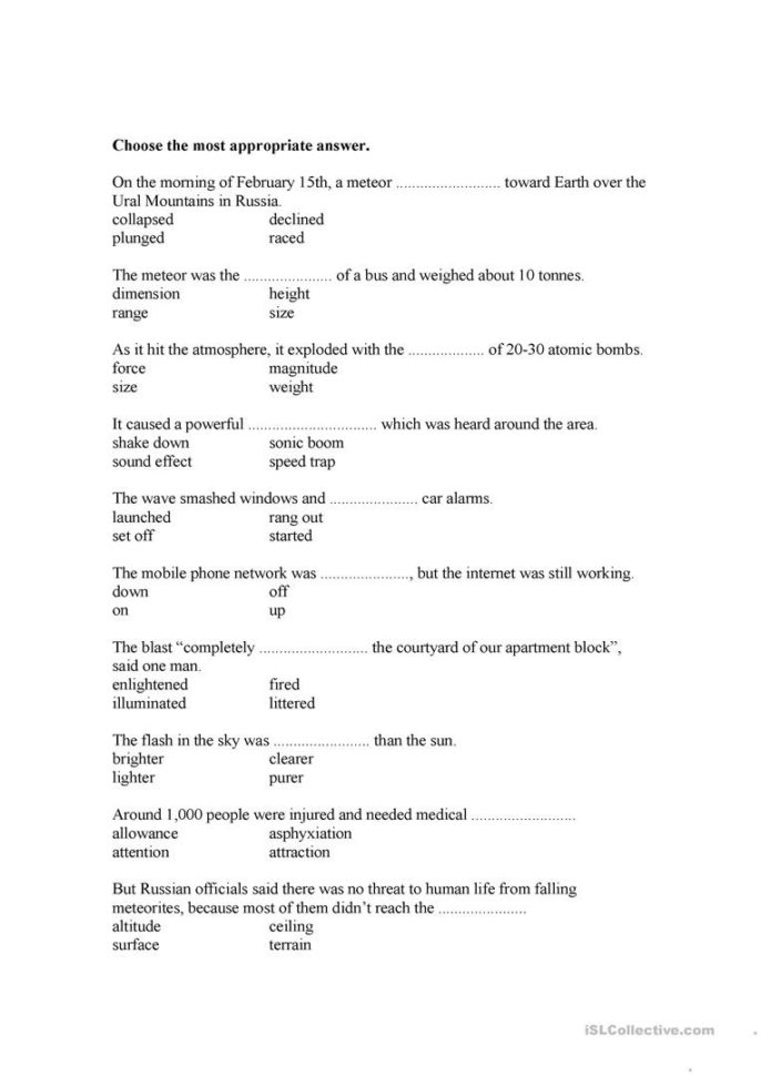 Russian Meteor Shower  Vocabulary Quiz  English Esl Worksheets