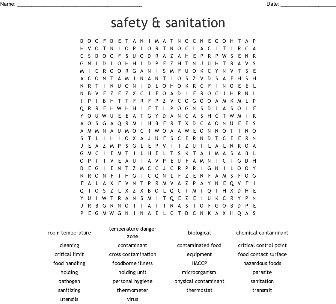 Safety  Sanitation Word Search  Word