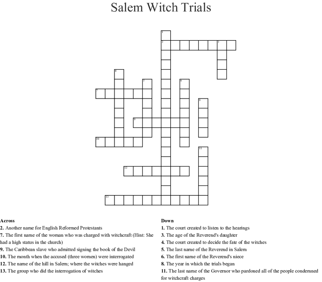 Salem Massachusetts Witch Trials 17Th Century Word Search