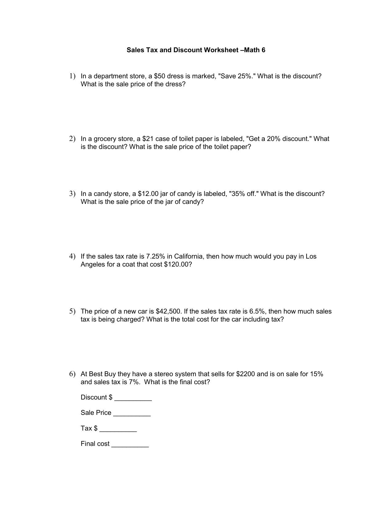 Sales Tax And Discount Worksheet Math 6