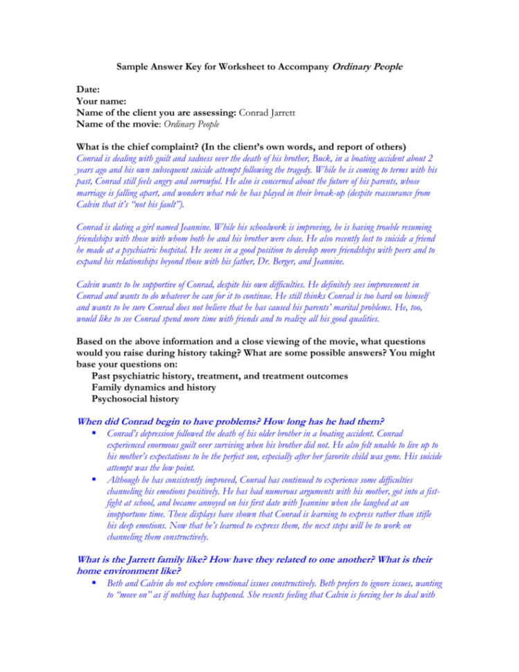 Sample Answer Key For Worksheet To Accompany Ordinary