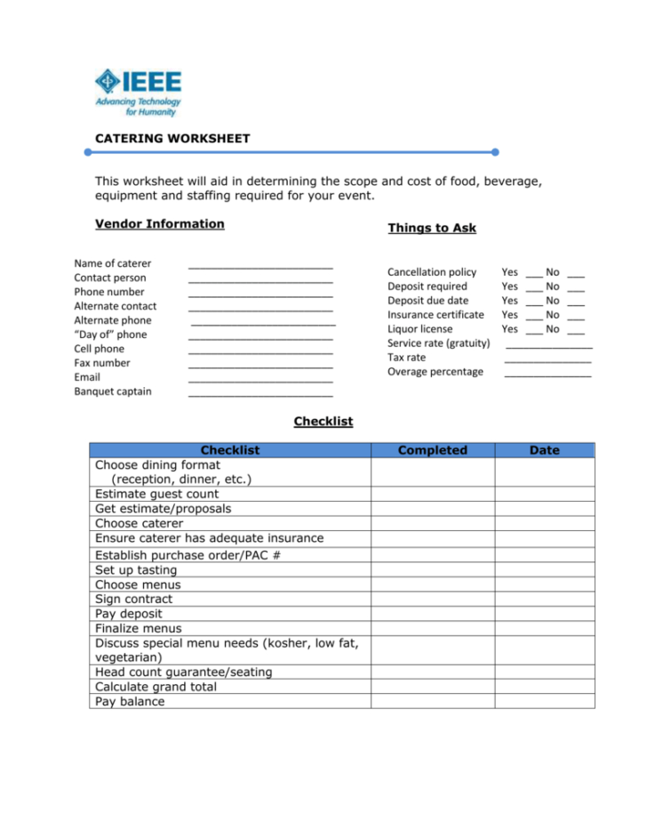 Catering Contract Worksheet