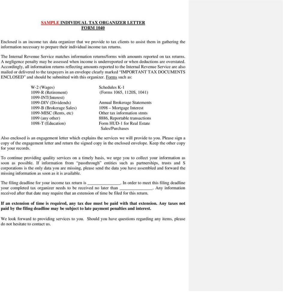Sample Individual Tax Organizer Letter Form Pdf