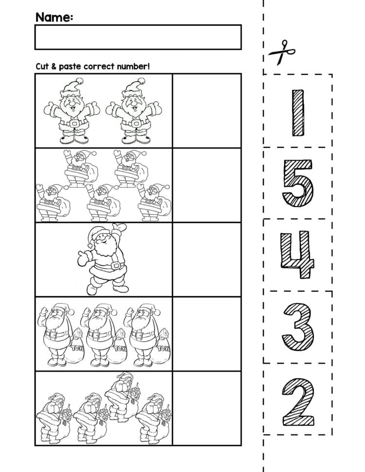 Santa Number Cut Match Worksheets Numbers Autism Printable