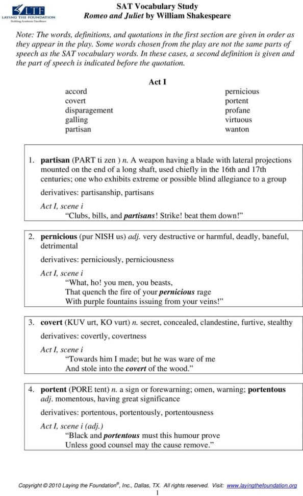Sat Vocabulary Study Romeo And Julietwilliam Shakespeare