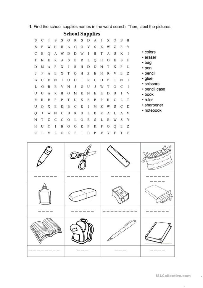 School Supplies  English Esl Worksheets