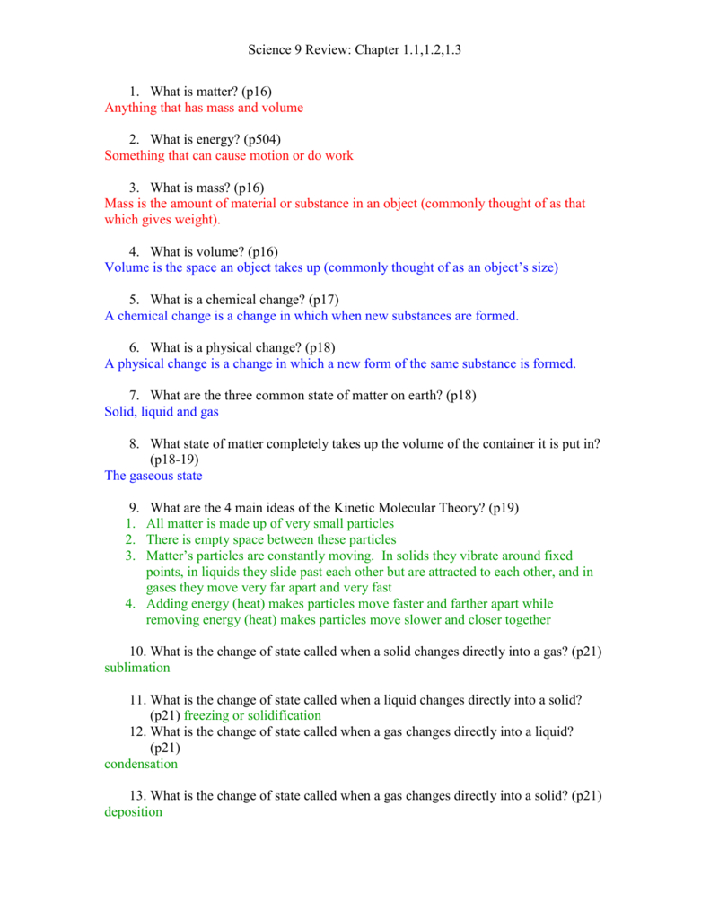 Sci 9 Review Worksheet 12 With Answers