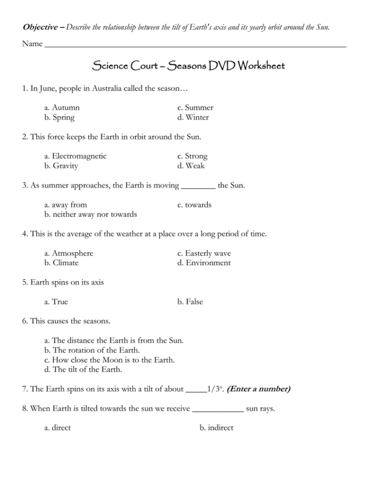 Science Court – Seasons Dvd Worksheet Objective –