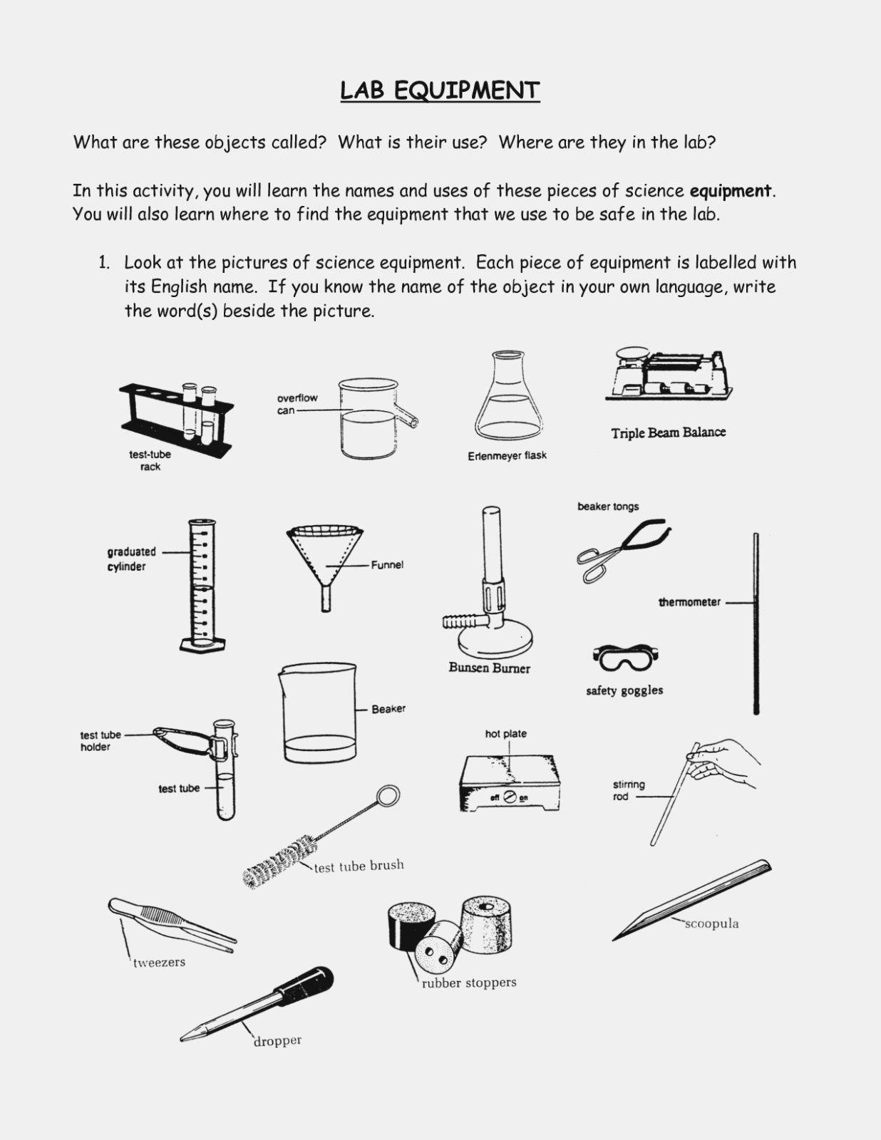 Science Equipment Uses Worksheet Refrence Lab Equipment Worksheet — db ...