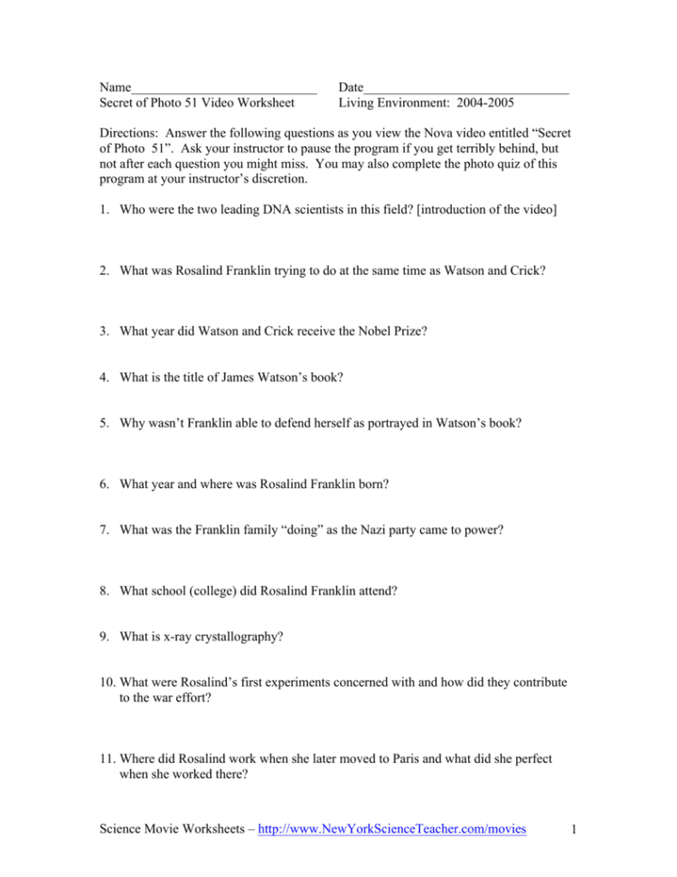 Science Movie Worksheets – Newyorkscienceteacher