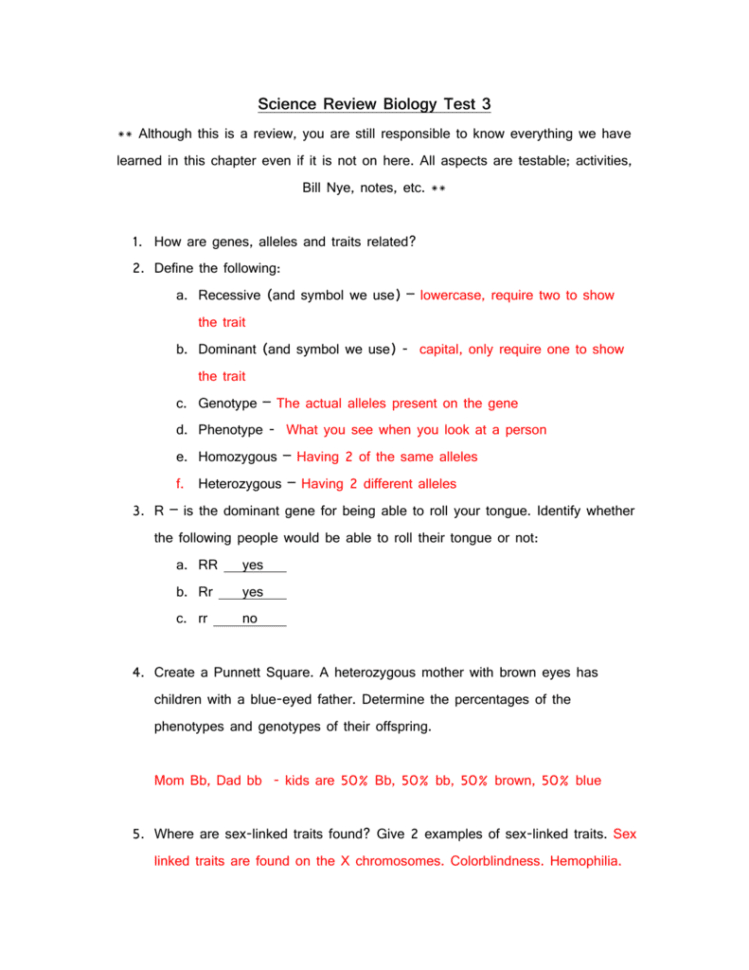 Science Review Test 3 Answer Key