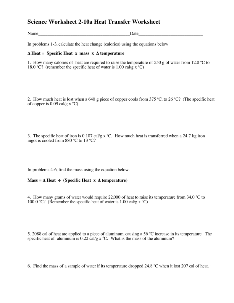 Science Worksheet 210A Heat Transfer Worksheet
