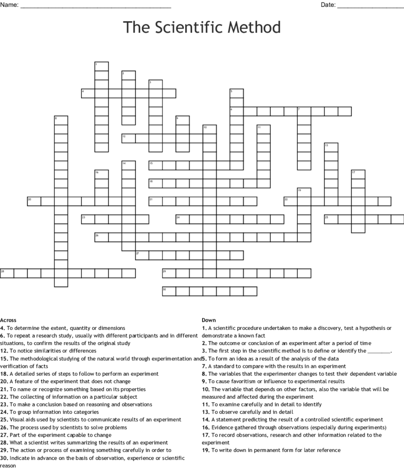 Scientific Investigation Vocabulary Crossword  Word